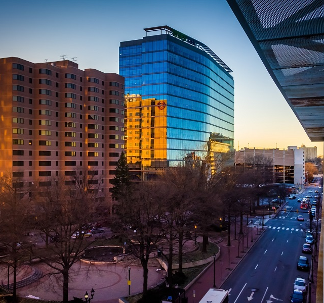 View of buildings along 11th Street at sunset in downtown Wilmin